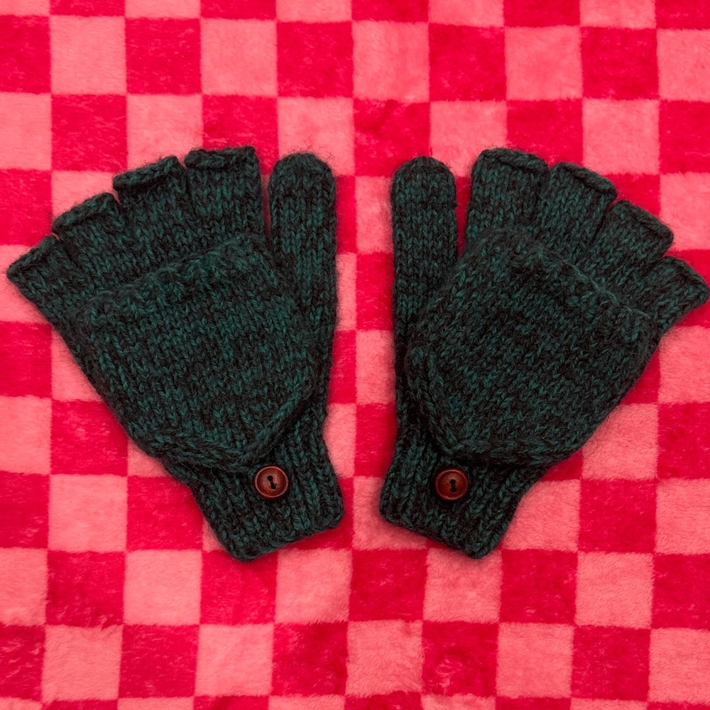 Teal Fingerless Knit Gloves with Buttons